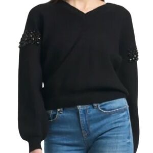 $275 NWT SACHIN & BABI Black‎ Luca V-Neck Sweater Beaded Rhinestone Top SIZE XL